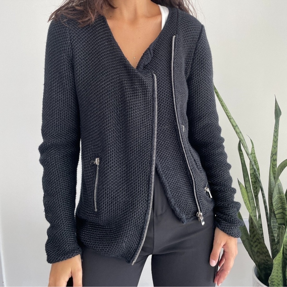 Maje Black Textured Moto Jacket XS Open Knit Asymmetrical Zip Edgy Parisian Chic